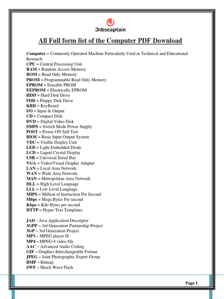 All Full Form List of The Computer PDF Download | PDF