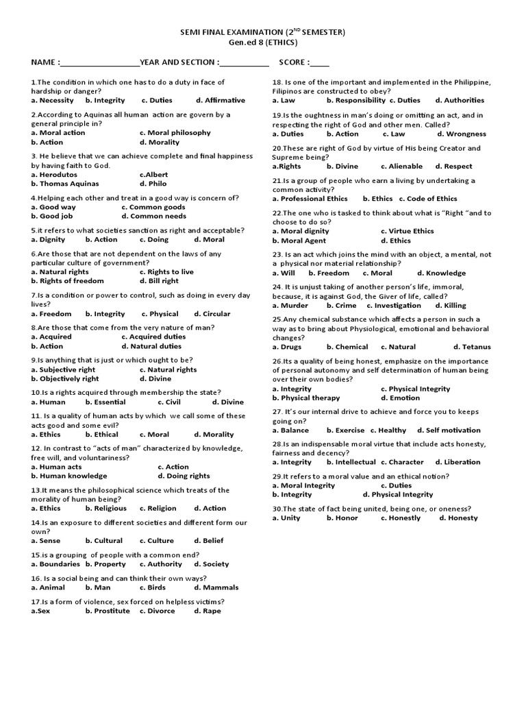 Semi Final Examination Ethics Pdf Integrity Morality