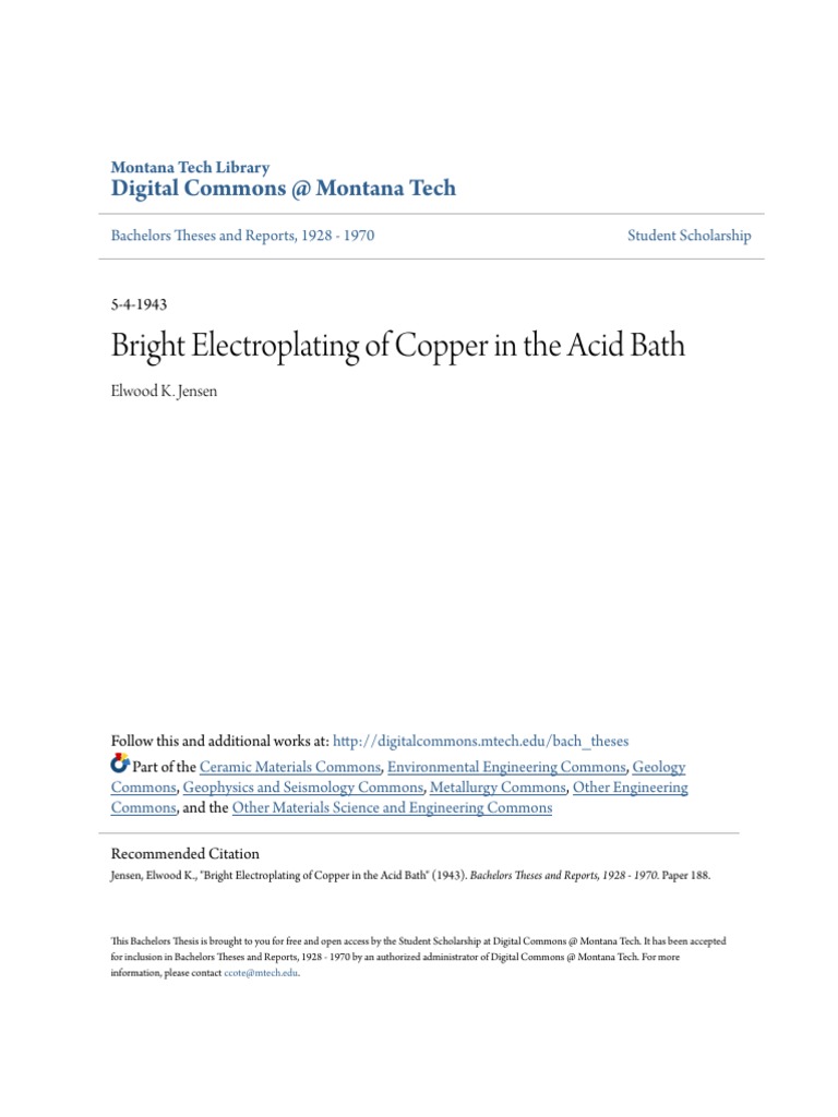 Bright Electroplating of Copper in The Acid Bath Digital Commons at