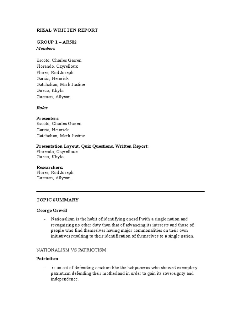 Rizal Written Report | PDF | Social Science | History