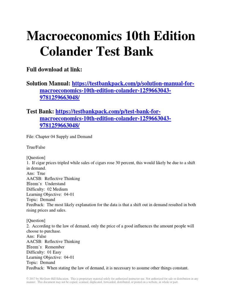 Macroeconomics 10th Edition Colander Test Bank 1 PDF Demand Supply (Economics)