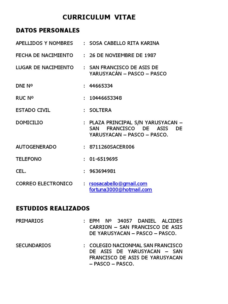 Currículum Vitae de Rita Karina Sosa | PDF