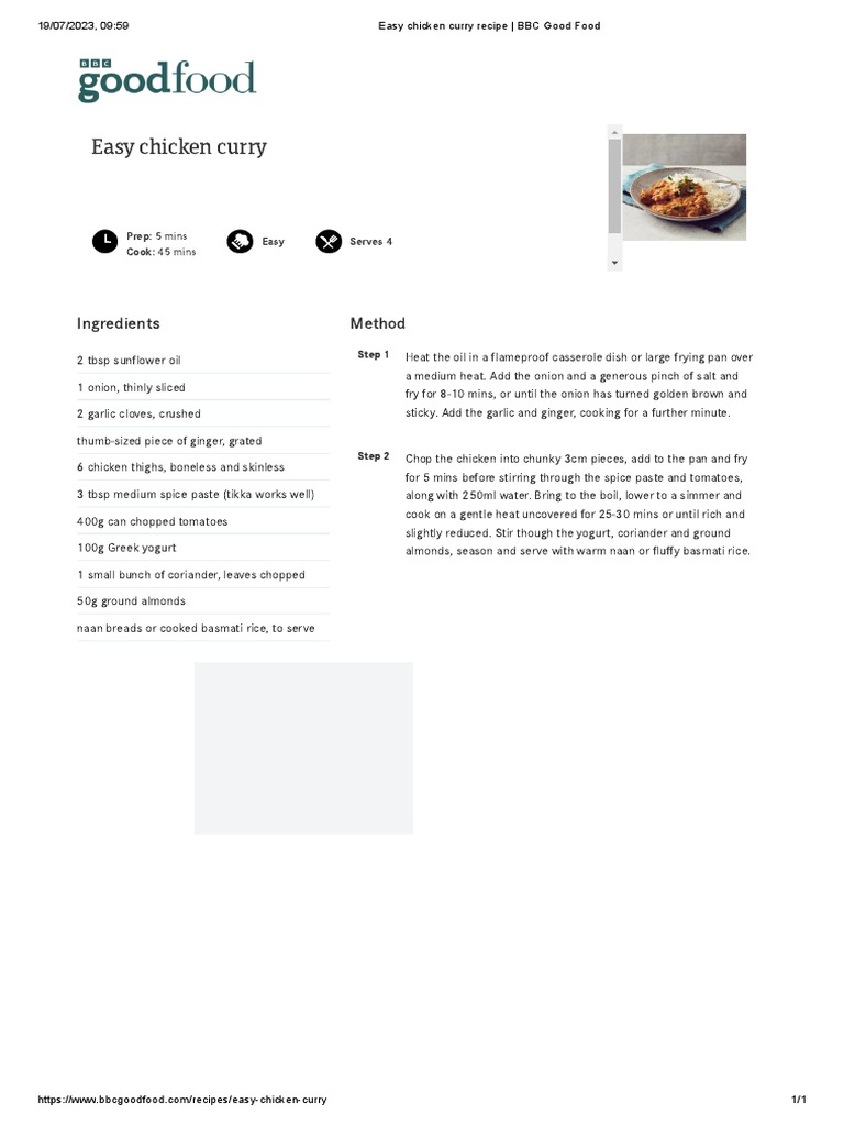 Easy Chicken Curry Recipe - BBC Good Food | PDF