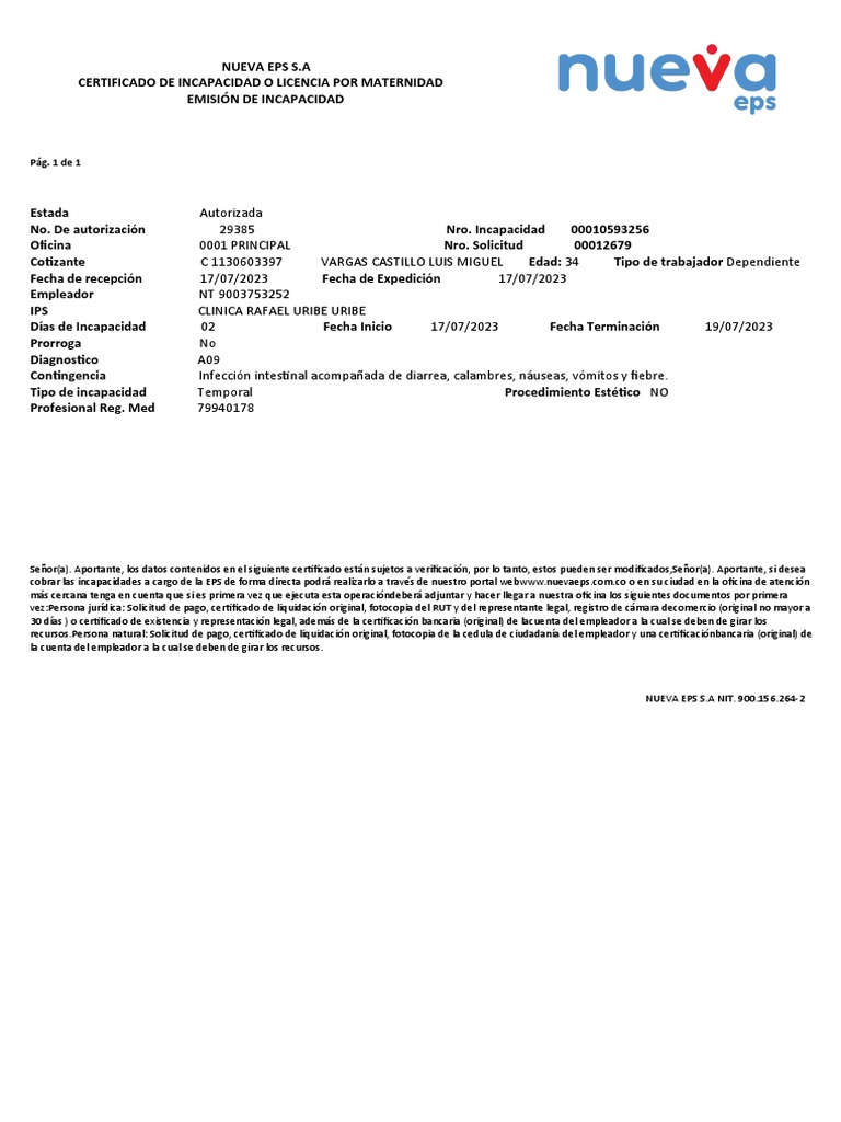 Certificado de Incapacidad Nueva EPS | PDF
