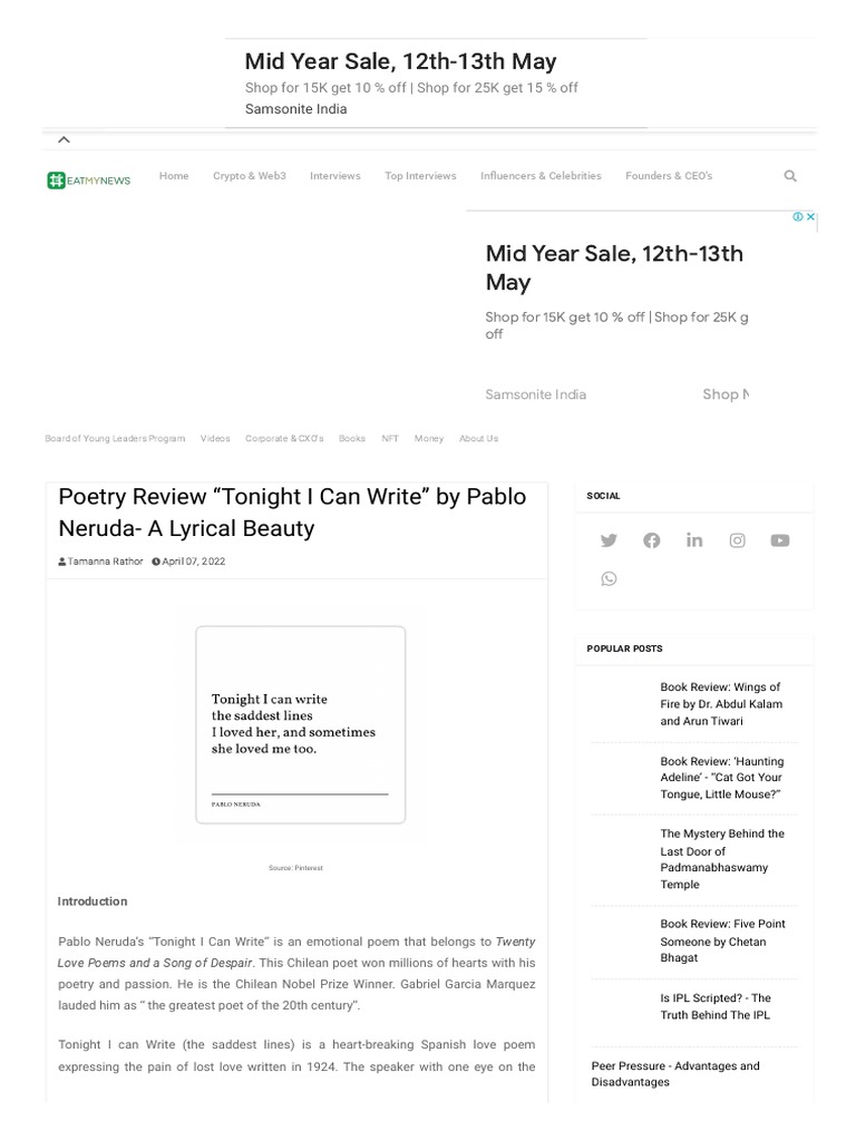Poetry review tonight i can write by pablo neruda a lyrical beauty