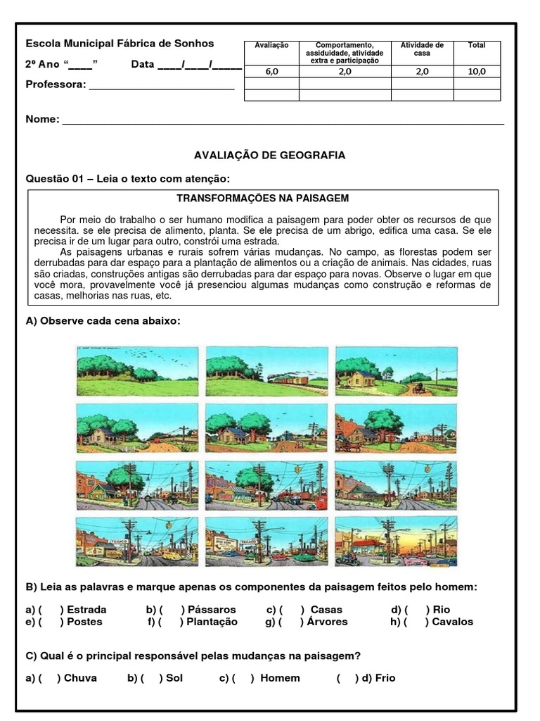 Avaliação de Geografia - 2º Ano | PDF | Paisagem | Geografia