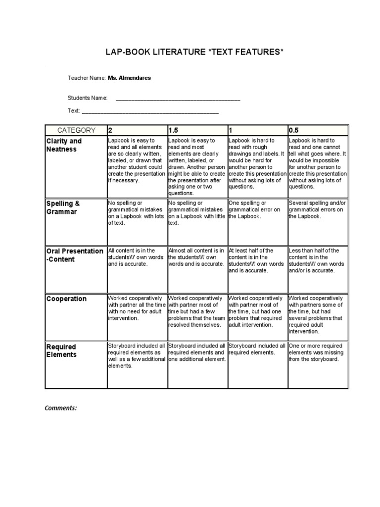 LapBook Literature English Rubric Evaluation PDF
