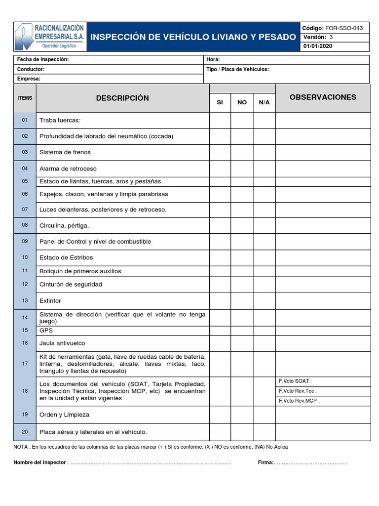 Formato Inspección Vehículos 2022 | PDF