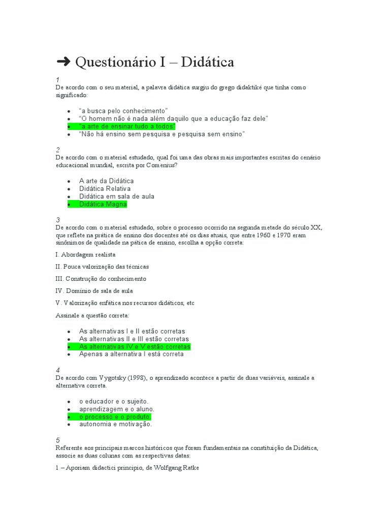 Questionário sobre Didática e Ensino | PDF | Pedagogia | Progressivismo