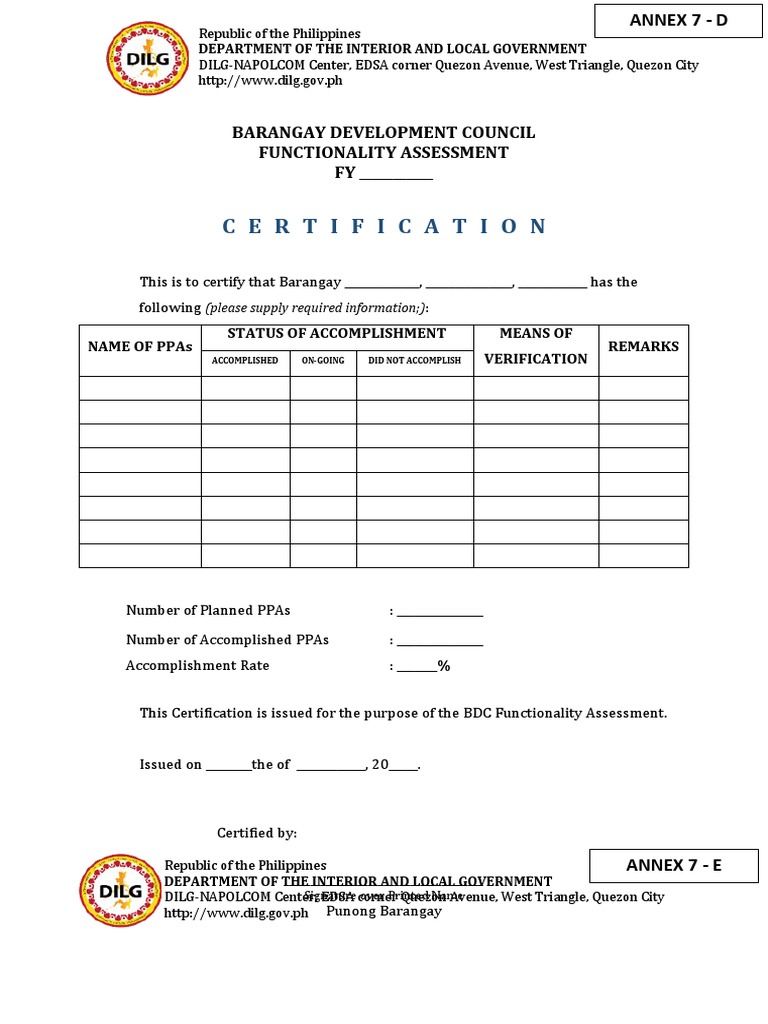 Annex 7D Certification of Accomplishment Rate Download Free PDF