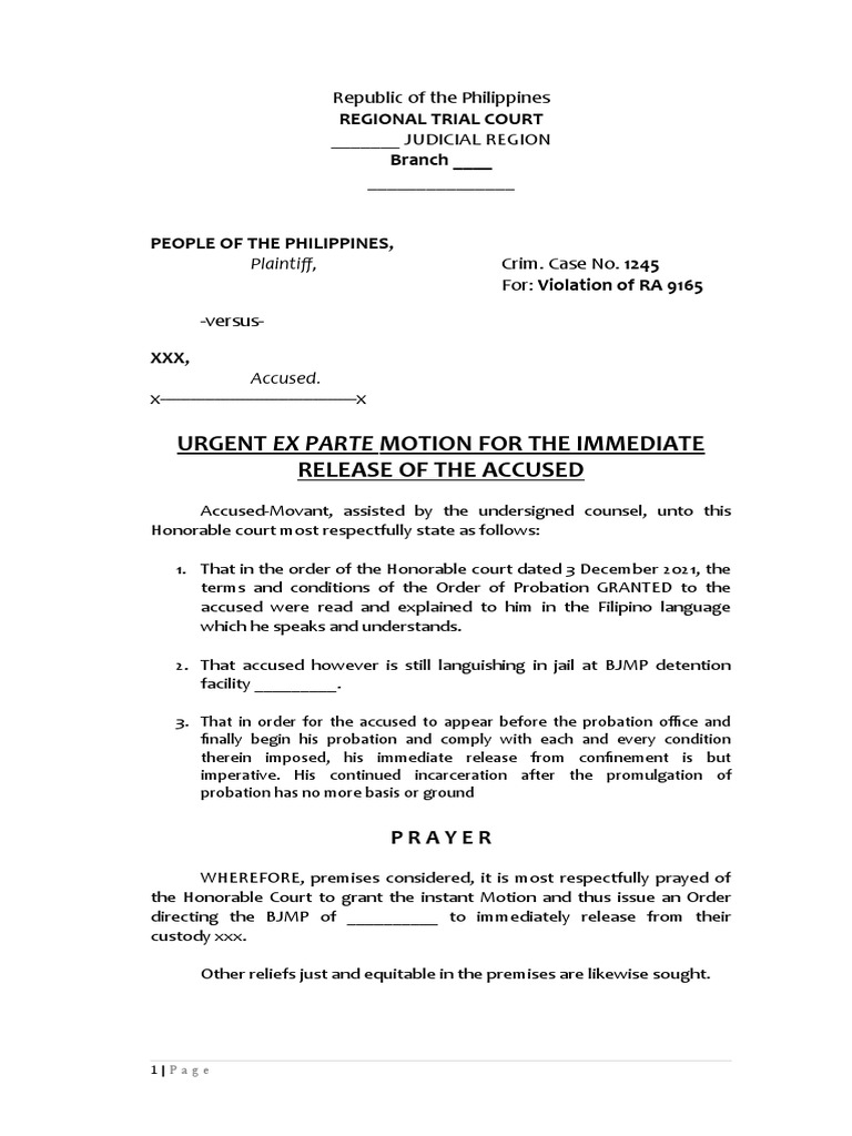 Motion for Immediate Release Order | PDF | Home & Garden
