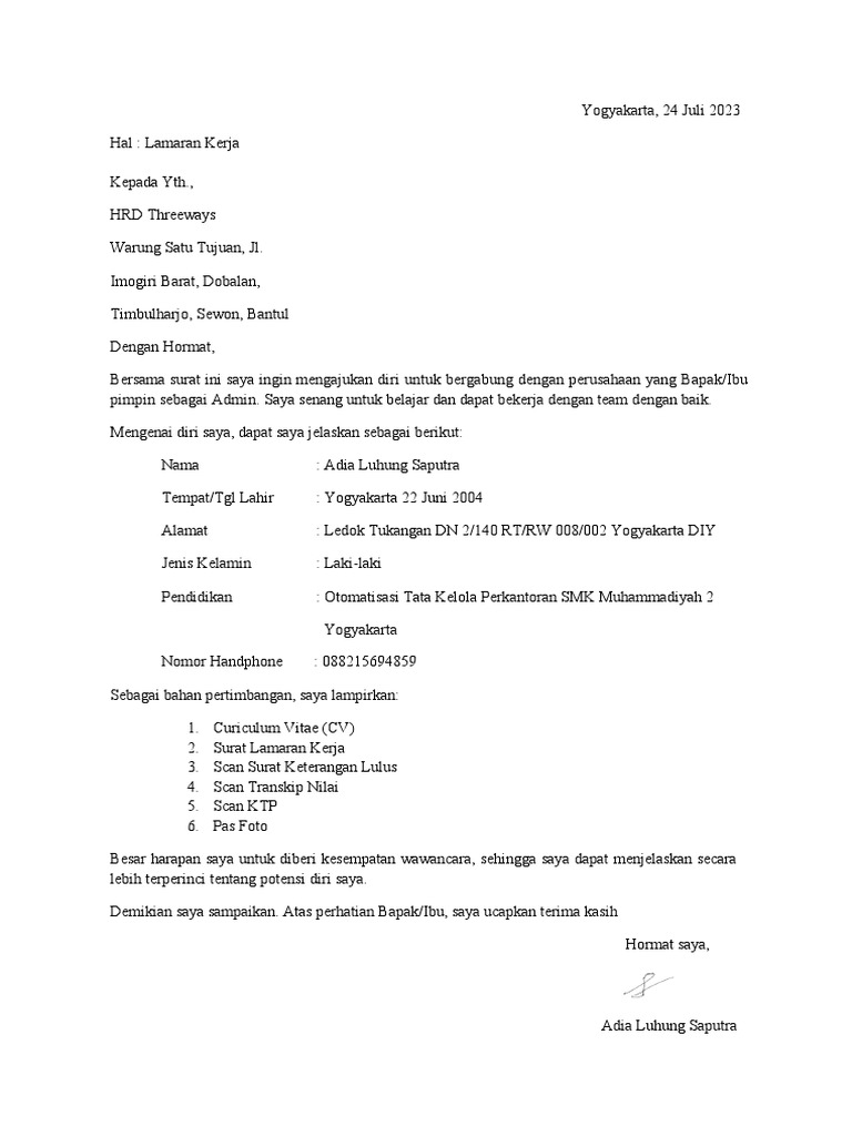 Surat Lamaran Kerja Edit | PDF