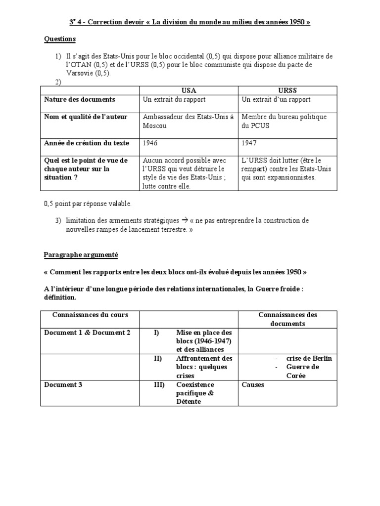 évaluation Sur La Guerre Froide 3ème Pdf