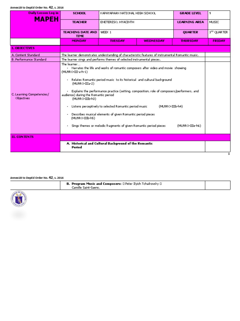 Mapeh Grade 9 Dll Pdf Romantic Music Theatre