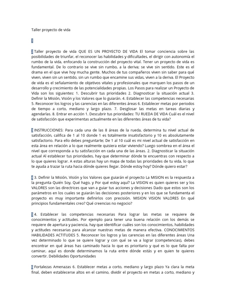 Taller Proyecto de Vida | PDF | Ciencia y matemáticas