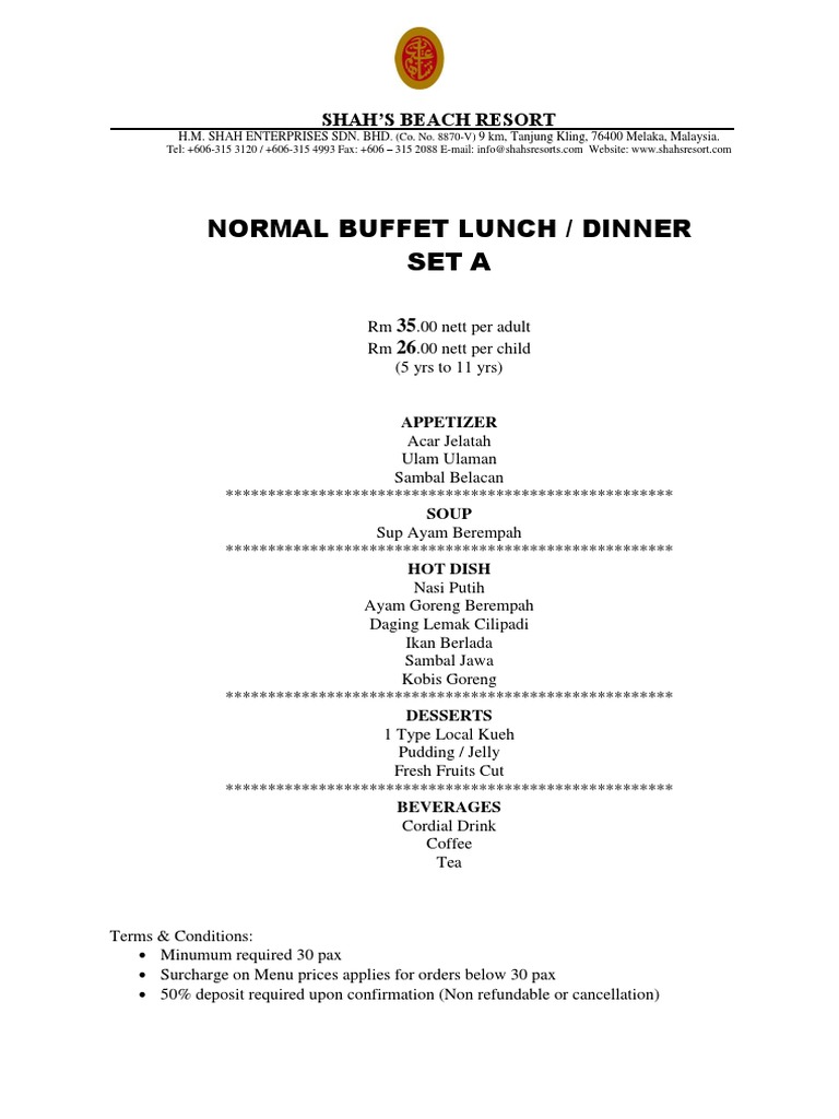 Shah's Beach Resort Buffet Menu | PDF