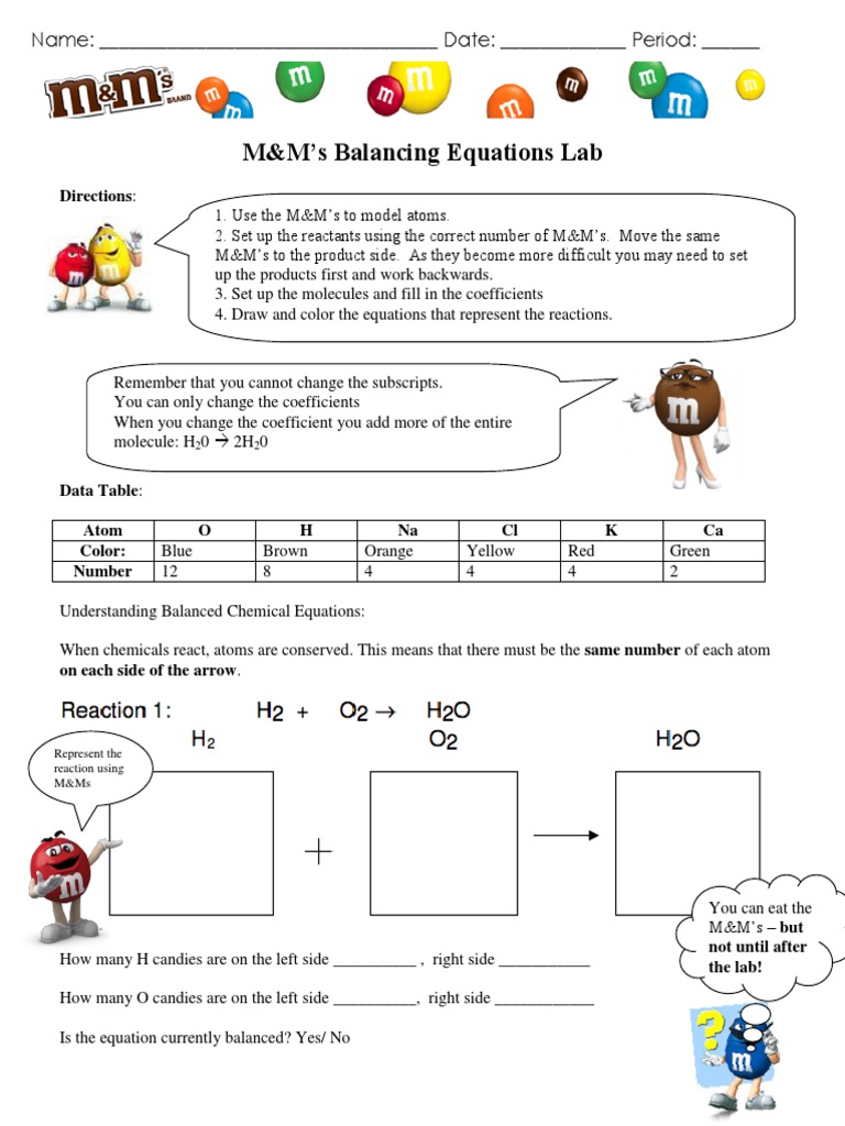 M&M's Balancing Equations Lab: Name: - Date: - Period | PDF