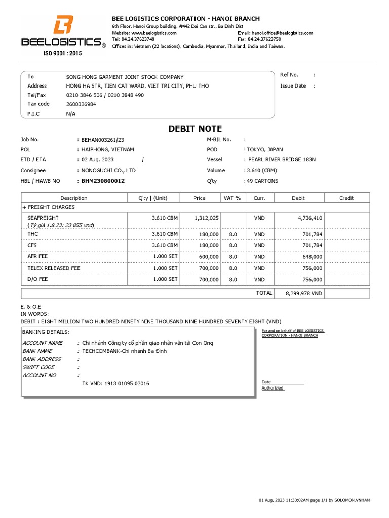 Bee Logistics Debit Note for Shipment | PDF | Economies | Business