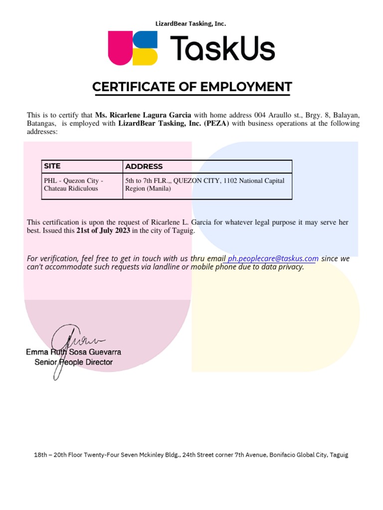 LizardBear Tasking Employment Certificate | PDF