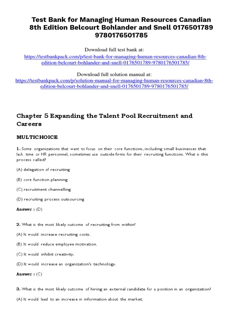 Managing Human Resources Canadian 8th Edition Belcourt Test Bank 1 PDF Recruitment Employment