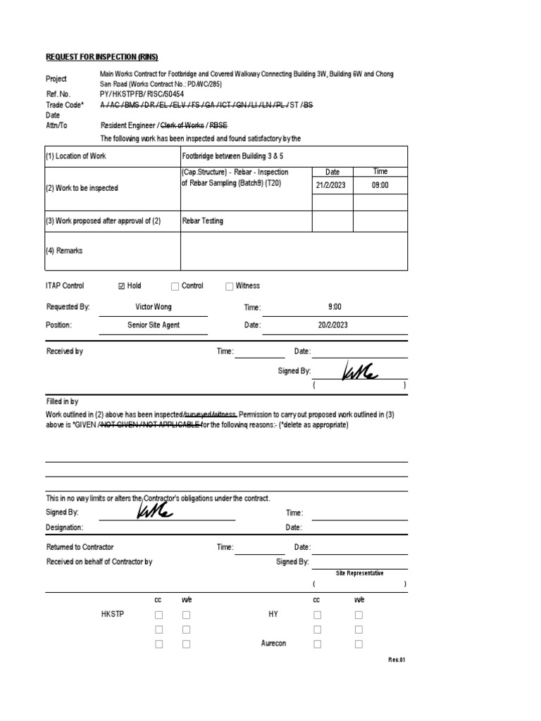 RISCS0454 (Cap Structure) Rebar Inspection of Rebar Sampling