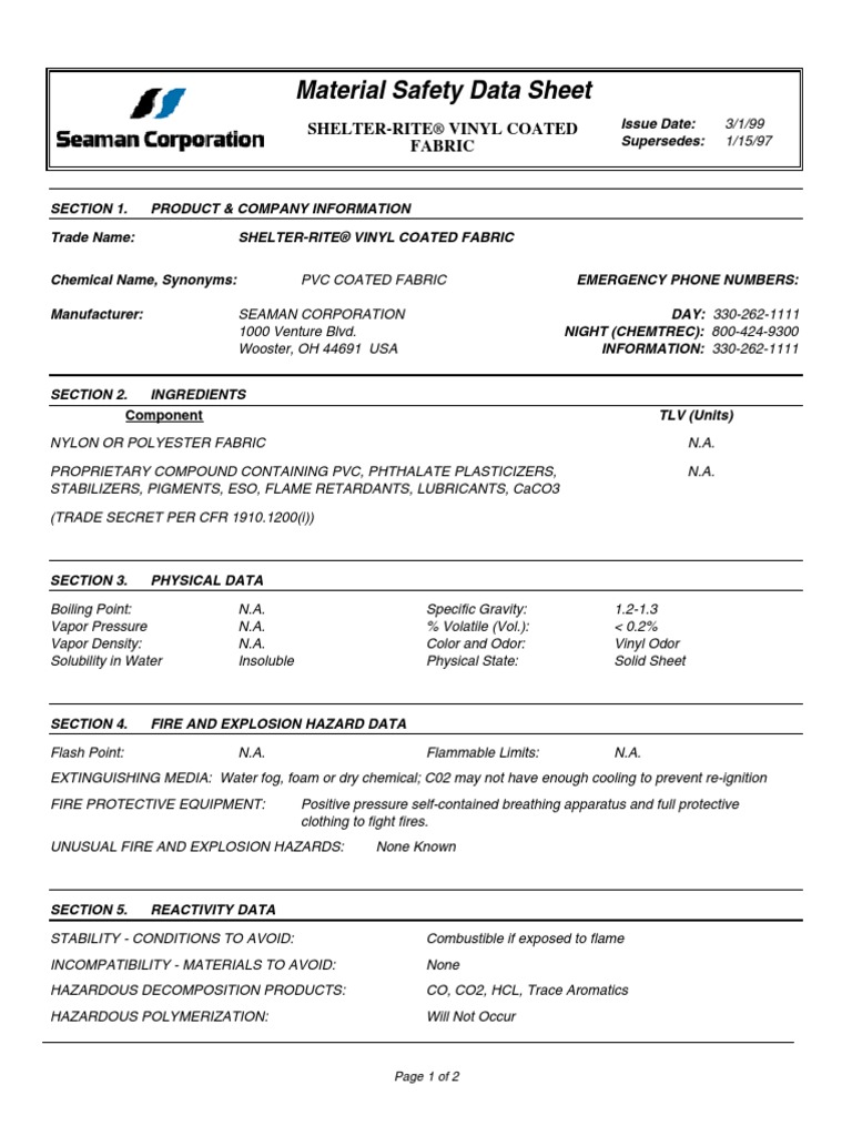 PVC Coated Fabric MSDS PDF Polyvinyl Chloride Chemical Substances