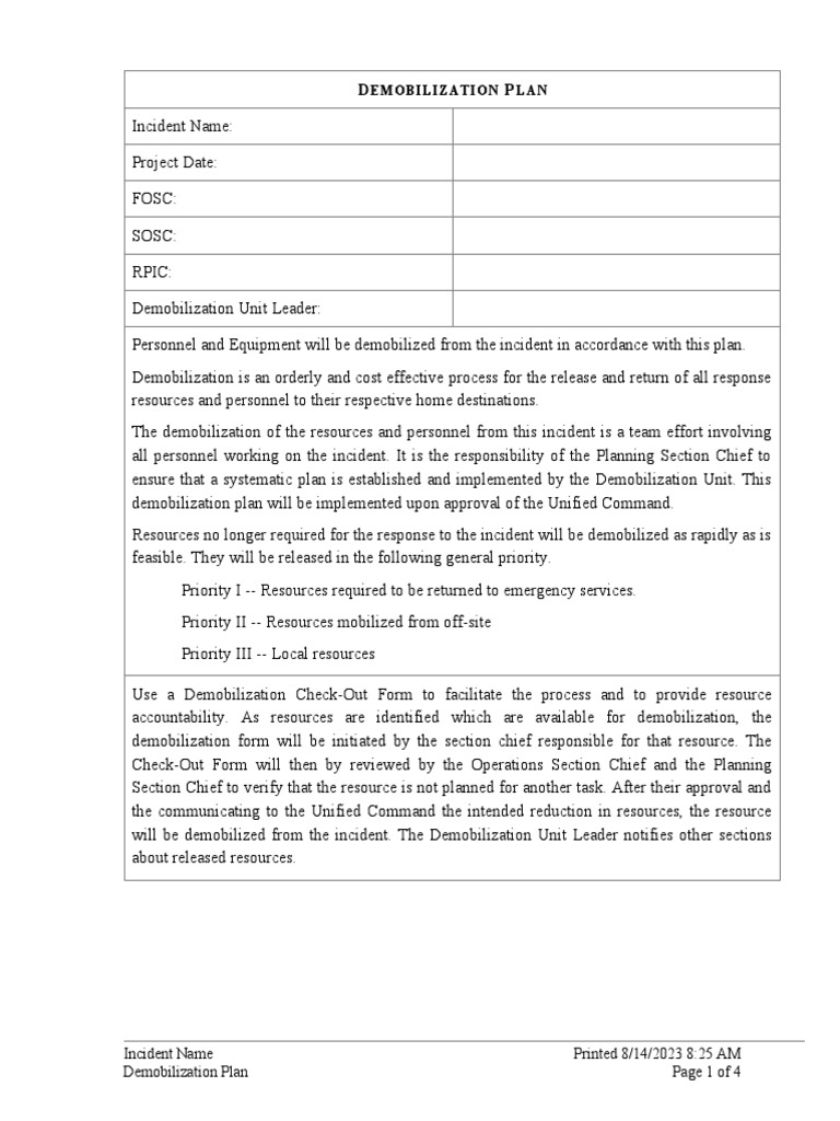 4060 Demobilization Plan Sample PDF