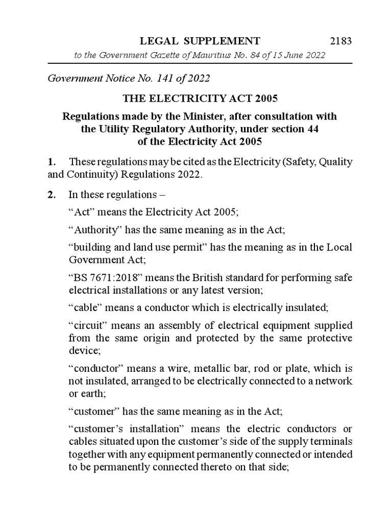 141 The Electricity Safety Quality and Continuity Reg 2022 PDF