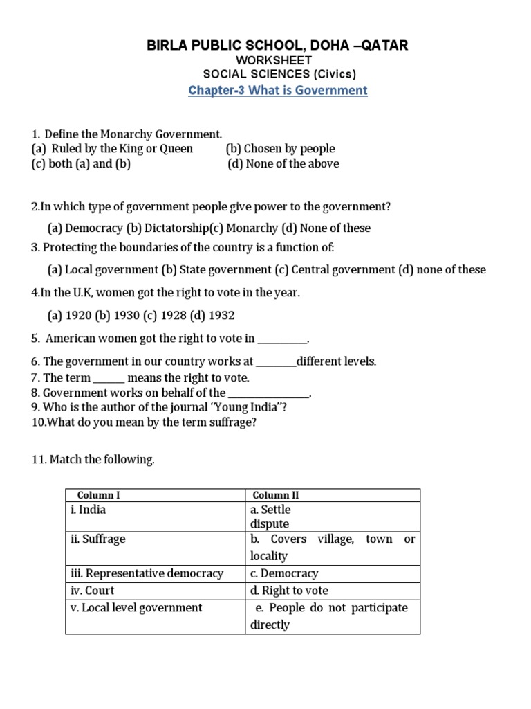 Class 6 civics ch 3 what is government work sheet pdf democracy