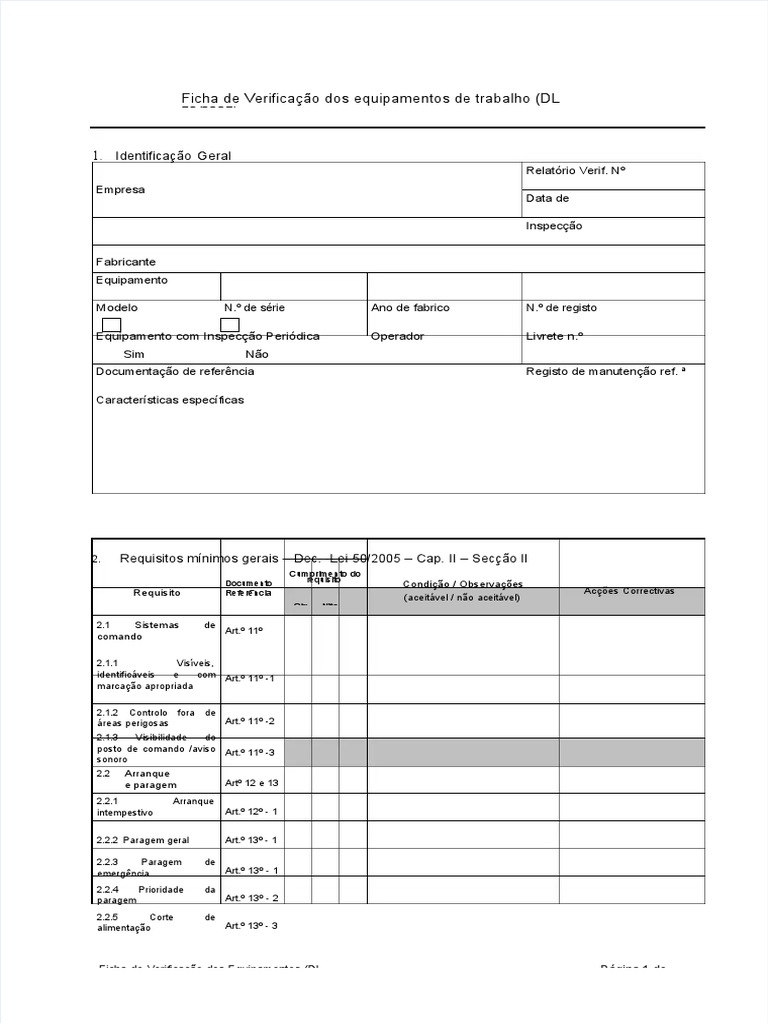 PDF Ficha de Verificaao Dos Equipamentos de Trabalho DL 502005 | PDF