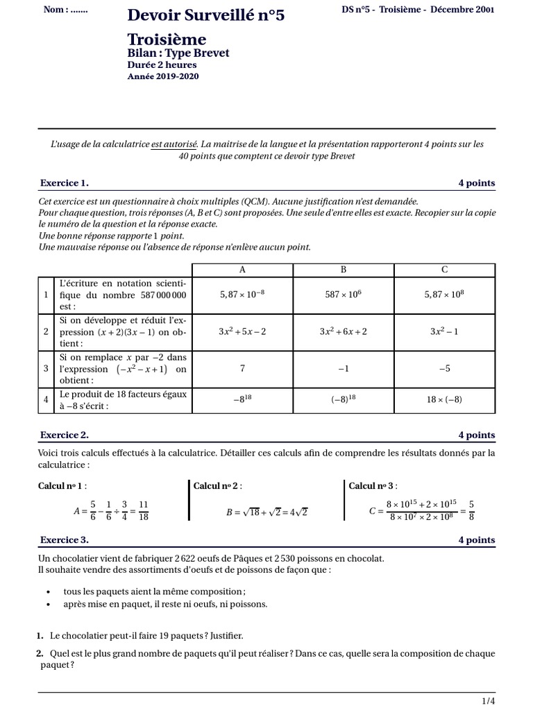 Bilan Type Brevet Puissance Equation QCM Expressions 3eme | PDF
