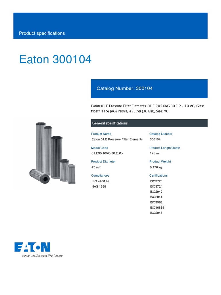 Especificaciones del Filtro Eaton 300104 | PDF