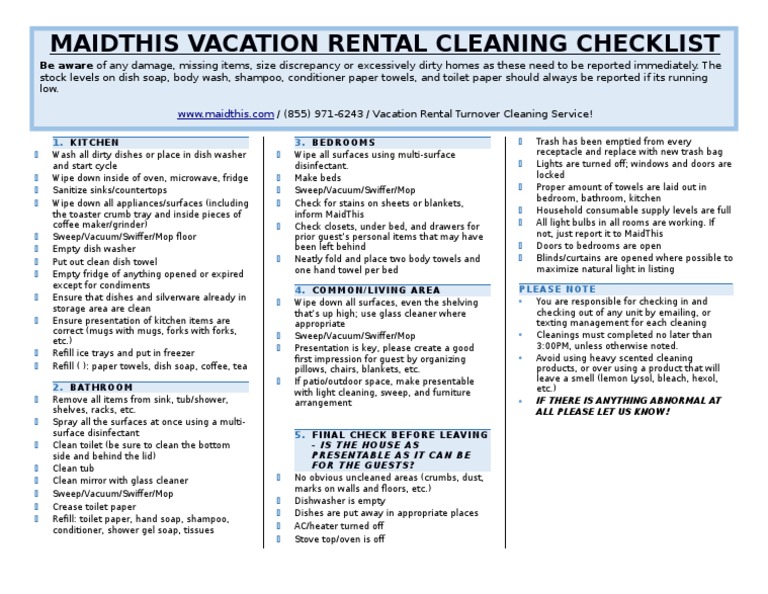 MaidThis Vacation Rental Package Checklist | PDF