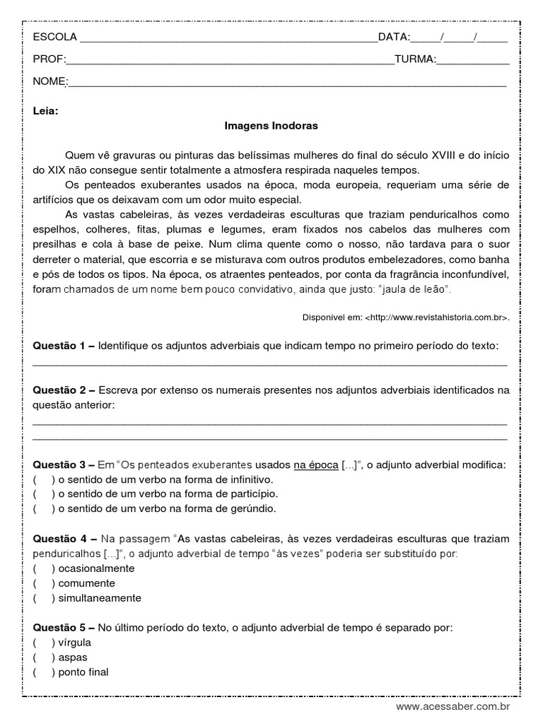 Atividade - Adjuntos Adverbiais 8º Ano PDF | PDF