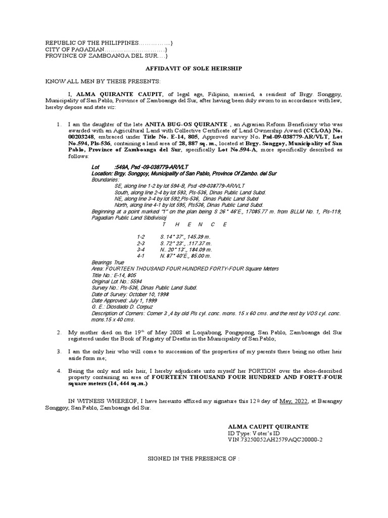AFFIDAVIT OF SOLE HEIRSHIP (Roberto Quirante) PDF