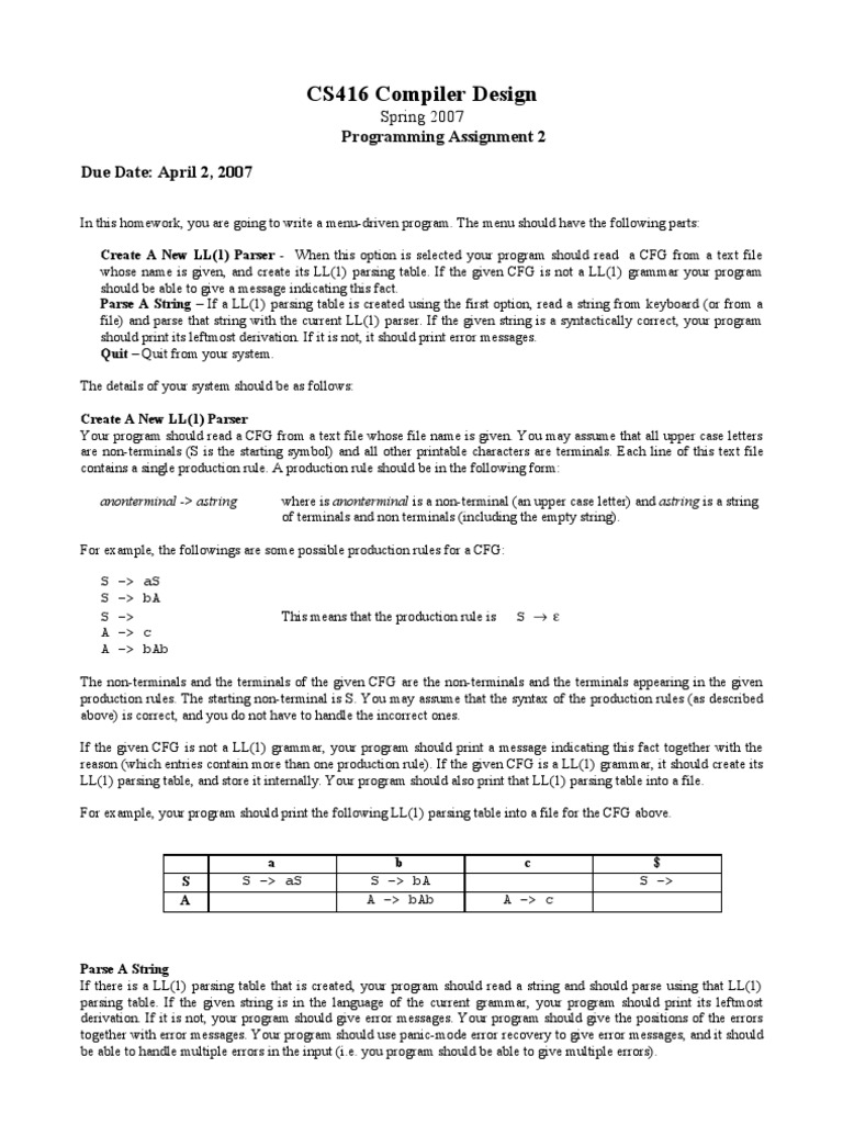 CS416 Compiler Design: Programming Assignment 2 Due Date: April 2, 2007 ...