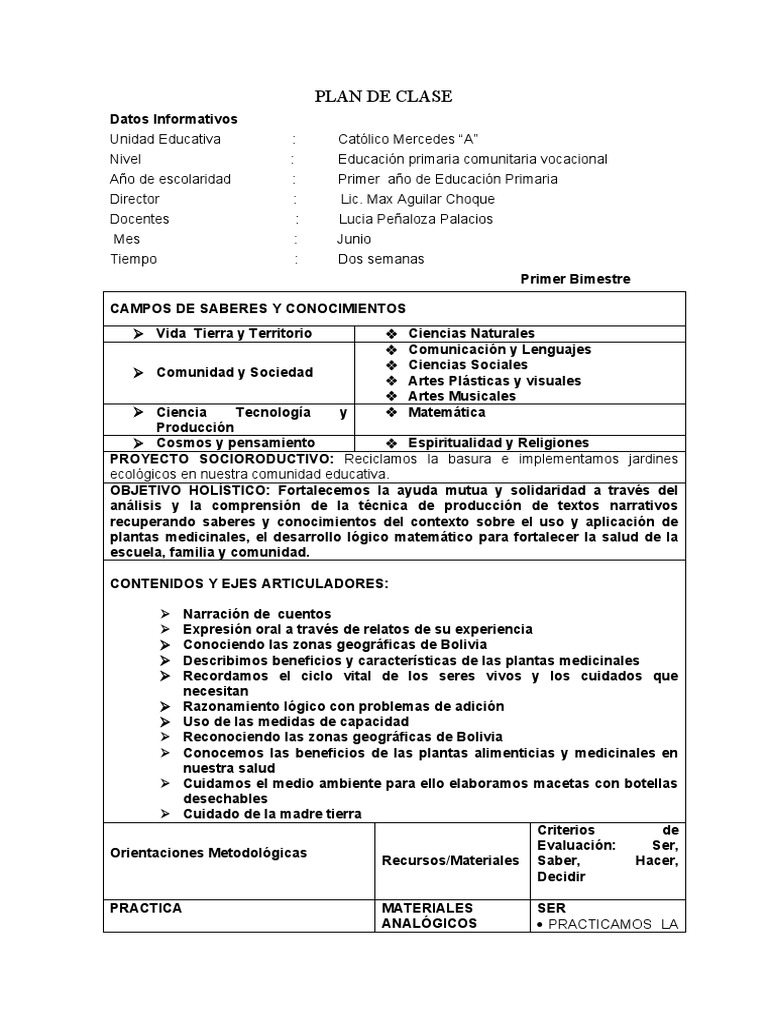 Plan de Clase para Primer Grado Primaria | PDF | Educación primaria ...