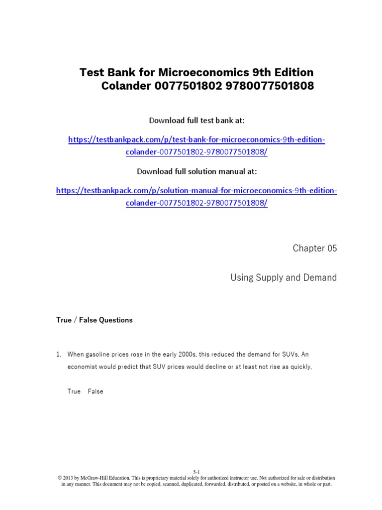 Microeconomics 9th Edition Colander Test Bank 1 PDF