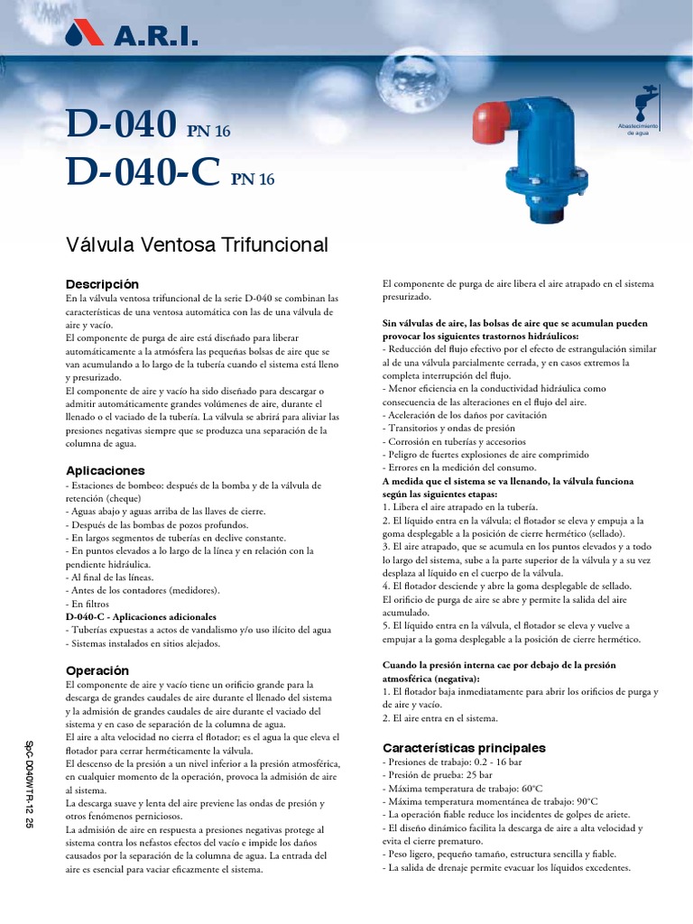 Válvula de Aire Combinada D-040 | PDF | Bomba | Agua