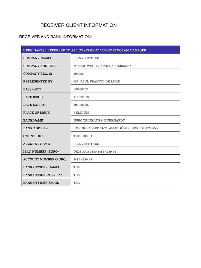 Plinvest Trust Receiver Information | PDF