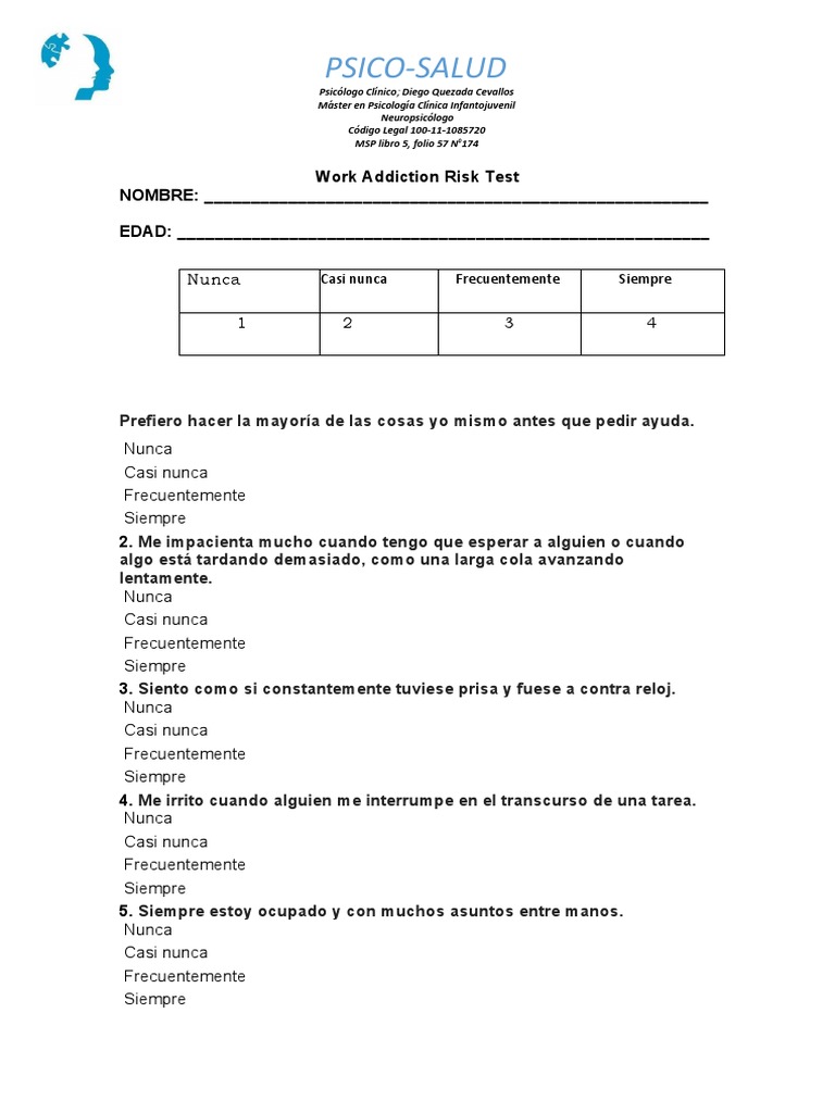 Work Addiction Risk Test | PDF