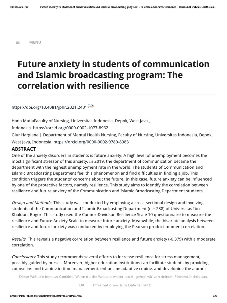 Resilience and Future Anxiety in Students | PDF | Anxiety Disorder ...