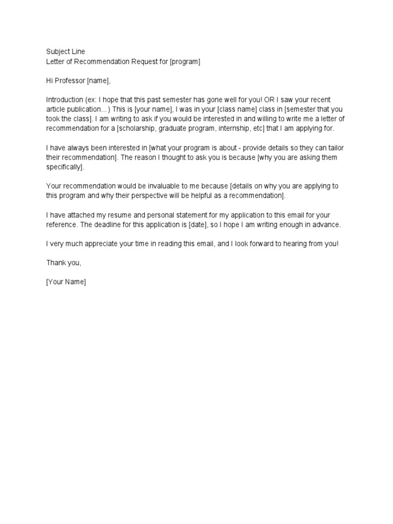 Letter of Recommendation Request Email Template PDF