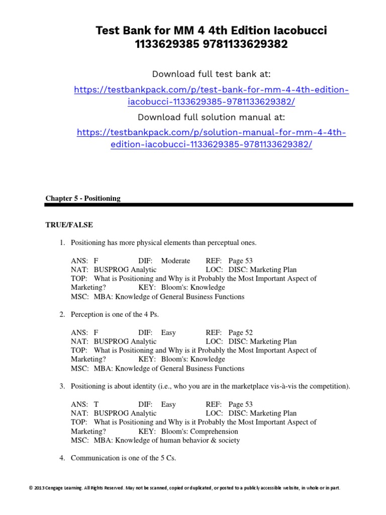 Test Bank for MM 4th Edition Iacobucci | PDF | Marketing | Brand