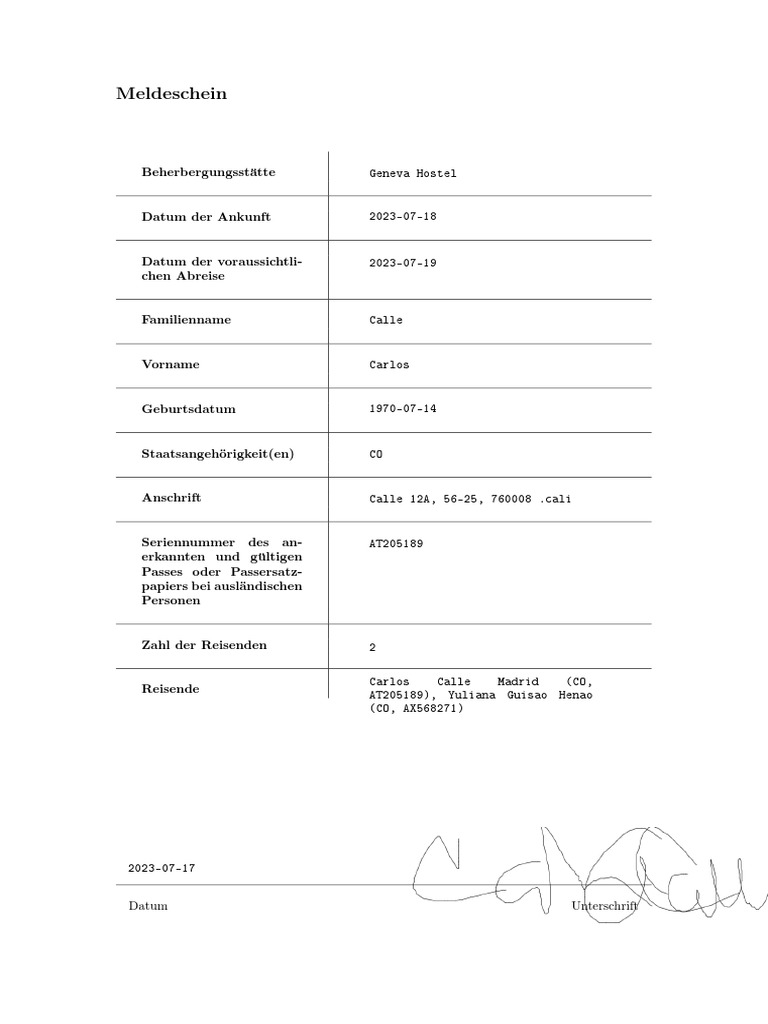 Meldeschein PDF