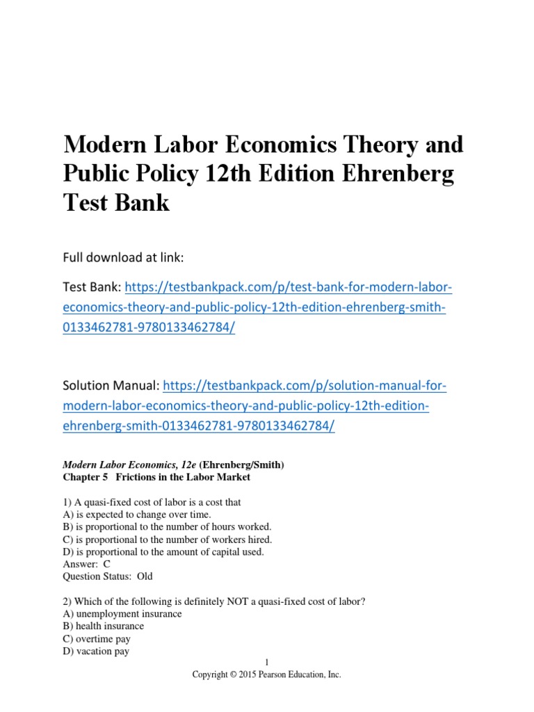 Modern Labor Economics Theory And Public Policy 12th Edition Ehrenberg