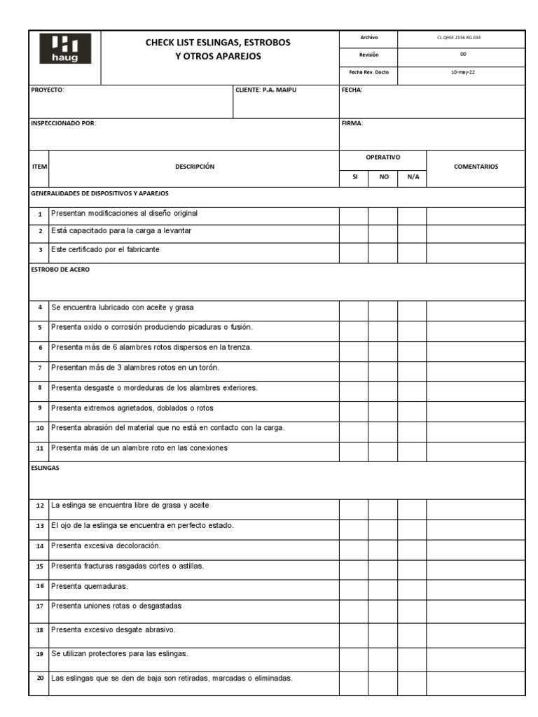 CL - Qhse.2156.rg.034 - Check List Eslingas, Estrobos y Aparejos | PDF