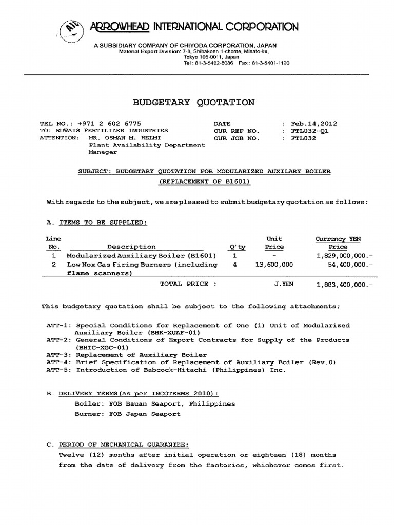Budgetary Quotation For Replacement of Boiler (2012 02 14) | PDF