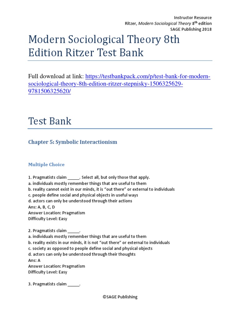 Ritzer's Modern Sociological Theory Test Bank | PDF | Emotions | Pragmatism