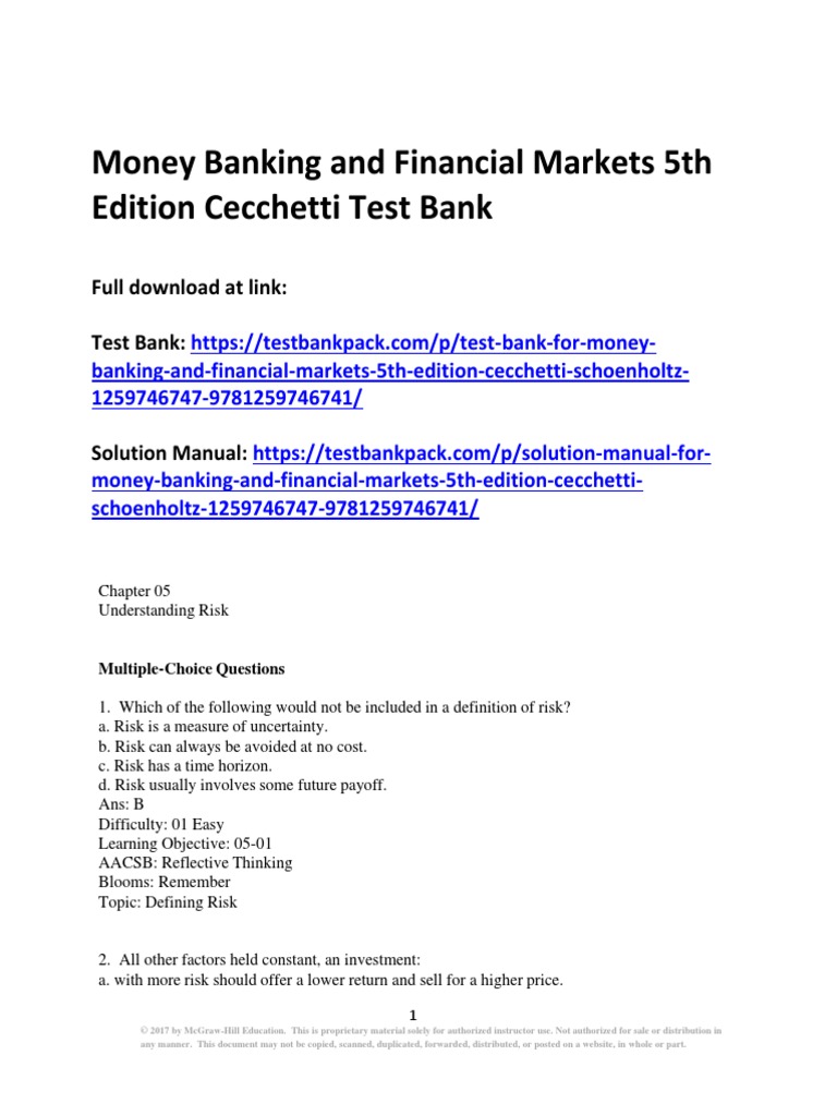 Money Banking and Financial Markets 5th Edition Cecchetti Test Bank 1 ...